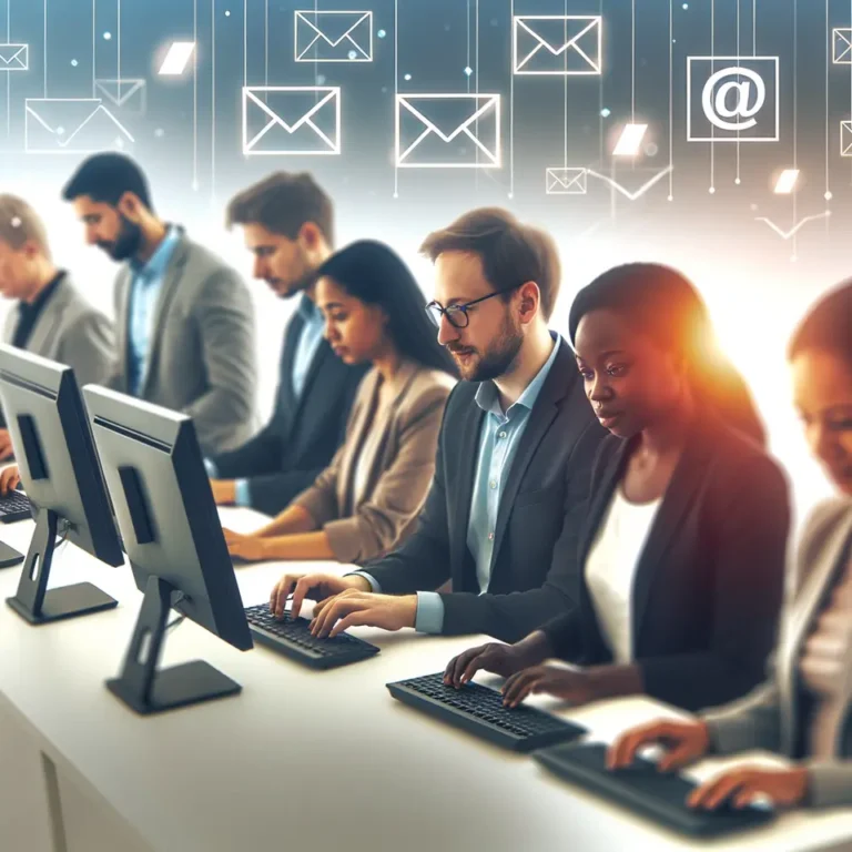 team working together at office computers using email tools