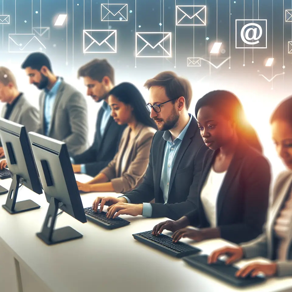 team working together at office computers using email tools