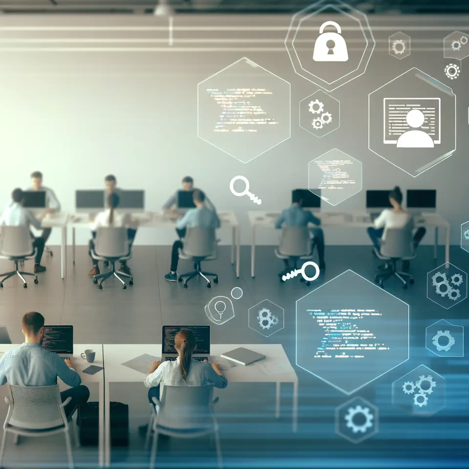 Developers working together at desks with laptops and screens in an office