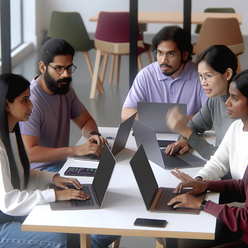 Web developers collaborating at a desk with laptops sharing code and planning tasks