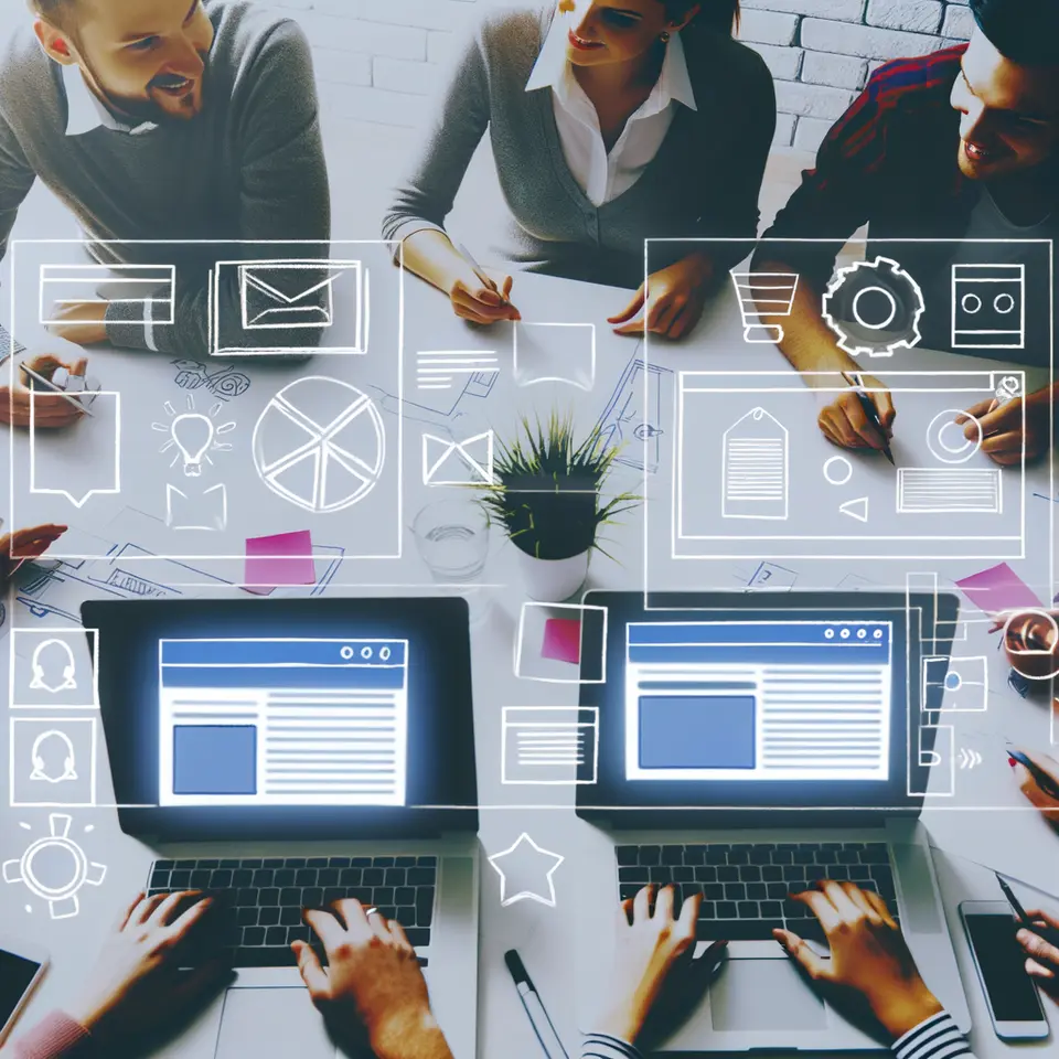 Designers and developers discussing ideas around a table with laptops and sketches