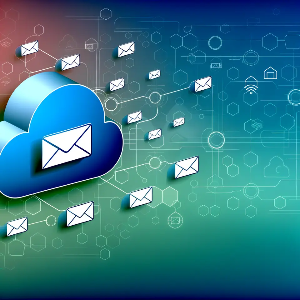 Digital cloud icons connected to email envelopes representing online messaging systems